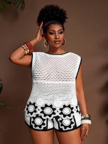 Veslaya Set de bluză și pantaloni scurți din tricot contrastant alb-negru, casual, pentru femei, mărime plus, pentru vacanță la plajă - Alb-negru - Vizualizare 3