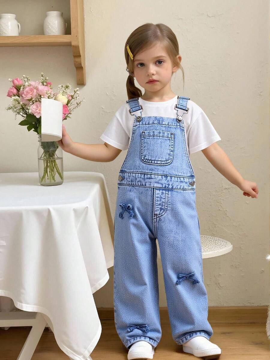 SHEIN Vintaside Kids Young Girl' Retro Loose Wide-Leg American Style Denim Overalls Pants, Cute Style New Arrival - Blue - View 1