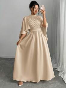 Elenzga 2025 Women Plus Size Elegant Party Dress With Waistband, Ruffle Sleeve, Front Pleat, Ruffle Shawl Collar, Solid Color, Back Zipper Closure - Khaki - View 1