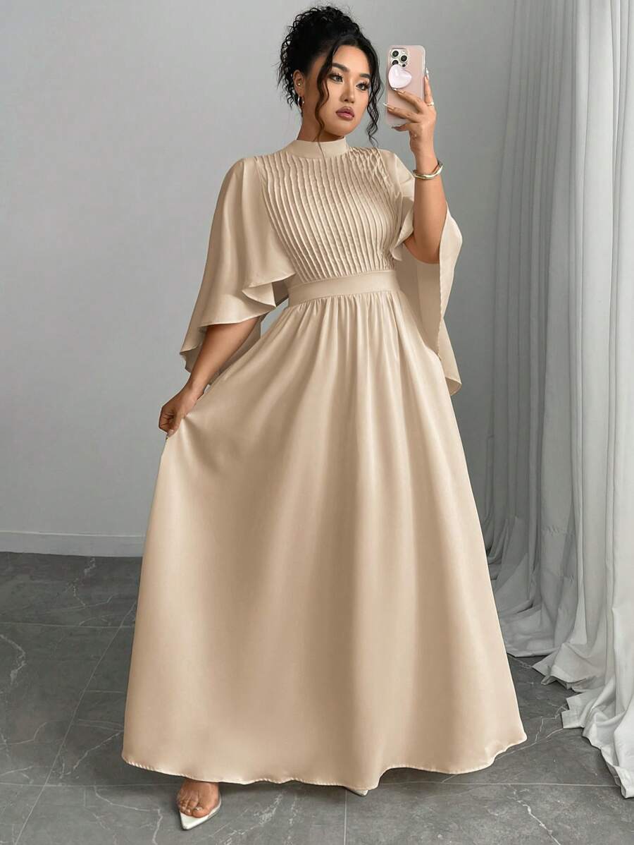 Elenzga 2025 Women Plus Size Elegant Party Dress With Waistband, Ruffle Sleeve, Front Pleat, Ruffle Shawl Collar, Solid Color, Back Zipper Closure - Khaki - View 1