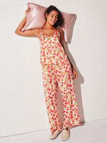 LUVLETTE Conjunto de pijama informal de top tipo camiseta con escote en V y pantalones, confeccionado en tela de satén sedoso con estampado de corazones