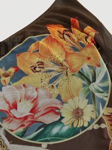 SHEIN MOD 加大码不对称肩部荷叶边下摆系带蝴蝶结休闲波西米亚风格 T 恤，外出上衣女款