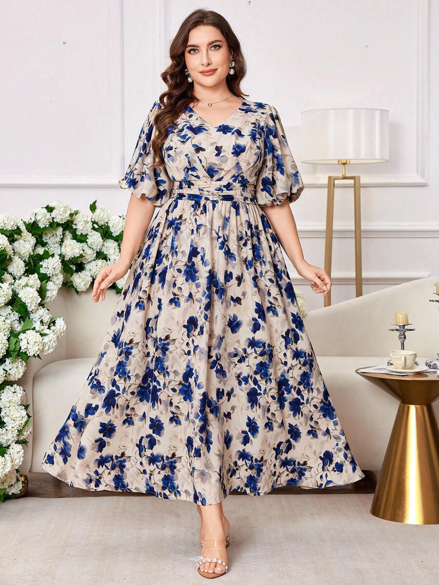 Modelyn 大码女式优雅印花A字腰收腰连衣裙 - 彩色 - 查看 1