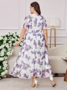 Modelyn Plus Size Women Chiffon Floral Jacquard Ruffle Hem Short Sleeve Elegant Dress - Multicolor - View 2