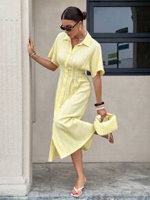 Siren Gaze Butter Yellow Summer Elegant Tea Party Dress For Women,Business Casual Button Front Shirt Dress,Lemon Mid-Length Vacation Birthday Midi Dress - Light Yellow - View 2