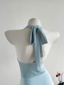 Franclia Women's Mint Green Elegant Draped Neck Backless Bodysuit, Suitable For Summer Vacation - Blue - View 4