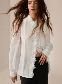 Chiquease White Elegant Women Chiffon Shirt,Exquisite Decorative Floral Design,Stand Collar,Princess Sleeves,Autumn Tea Party High-End Formal Cloth - White - View 5