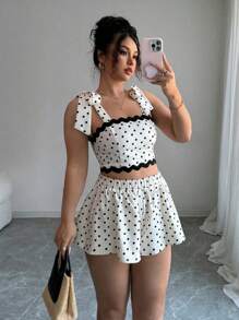 INAWLY Ensemble 2 pièces nouvelle collection été, Top court à volants à imprimé pois élégant à nœud papillon, plus pantalon ample à taille élastique pour femmes grande taille