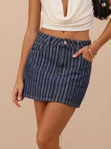 SHEIN Forever 21 Summer New Low Waisted Striped Retro Denim Mini Skirt For Women - Dark Wash - View 1