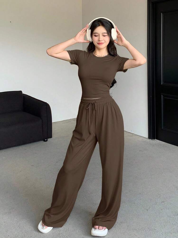 2pcs Women Solid Color Short Sleeve T-Shirt And Long Pants Set Lounge Sets For Women