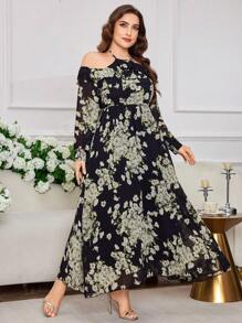 Modelyn Plus Size Women Chiffon Floral Elegant Romantic Long Off-Shoulder Dress - Black - View 6