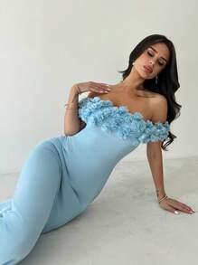 Firerie Đầm Maxi Ôm Body Lưới Hoa Một Vai Màu Xanh Lãng Mạn Thanh Lịch, Thích Hợp Cho Các Buổi Hẹn Hò, Tiệc Tùng, Kỳ Nghỉ - Màu xanh lam - Xem 9