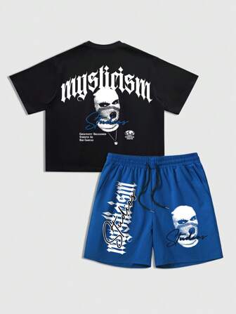 Street Life Conjunto de camiseta de manga corta y pantalones cortos con estampado gráfico para hombre, informal