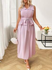 EMERY ROSE Plus Size Collared Button Fly Top & Skirt 2pcs Set - Purple - View 5