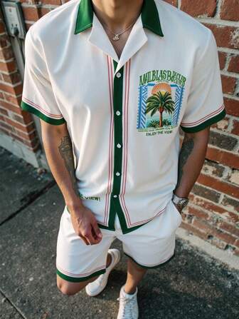 Manfinity Chillmode 2025 Men Summer Map Print Pattern Fashion Short Sleeve Shirt & Shorts 2 Pieces Vacation Set, Resort Beach Wear Clothes, Miami Outfits, Cozy Outfits