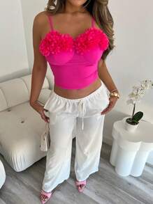 Xyvia Top bandeau de unicolor elegante y sexy con decoración floral 3D de verano - Rosa - Ver 3