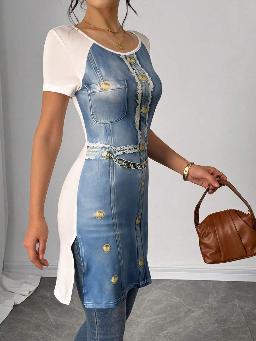 SHEIN LUNE Women's Random Denim Print Side Slit T-Shirt - Blue - View 1