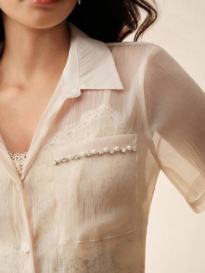 Blusa transparente con bordados y botones delanteros, elegante estilo francés, camisa informal de manga corta para mujer
