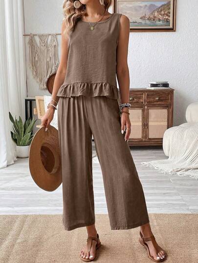 Breezaya 2pcs/Set Sleeveless Top With Ruffle Hem & Linen Pants, Summer