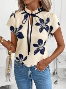 SHEIN Clasi Áo sơ mi nữ mùa hè thanh lịch với viền bèo nhún, họa tiết hoa phối màu tương phản, thích hợp mặc hàng ngày, đi làm và nhiều dịp khác nhau, dành cho giáo viên nữ theo phong cách đồng quê. - Nhiều màu - Xem 5