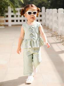 SHEIN 2 件新生儿/幼儿女孩休闲甜美条纹无袖上衣和阔腿裤两件套服装套装，春夏 - 綠色 - 查看 8