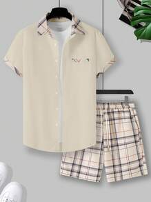 Manfinity Homme Bộ 2 món áo sơ mi kẻ caro tay ngắn và quần short thường ngày mùa hè cho nam - Nhiều màu - Xem 3