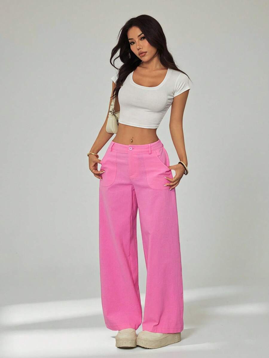 SHEIN PETITE Pantalones casuales y versátiles de unicolor, de pierna ancha y sueltos con bolsillos para mujer - Rosa Fucsia - Ver 1