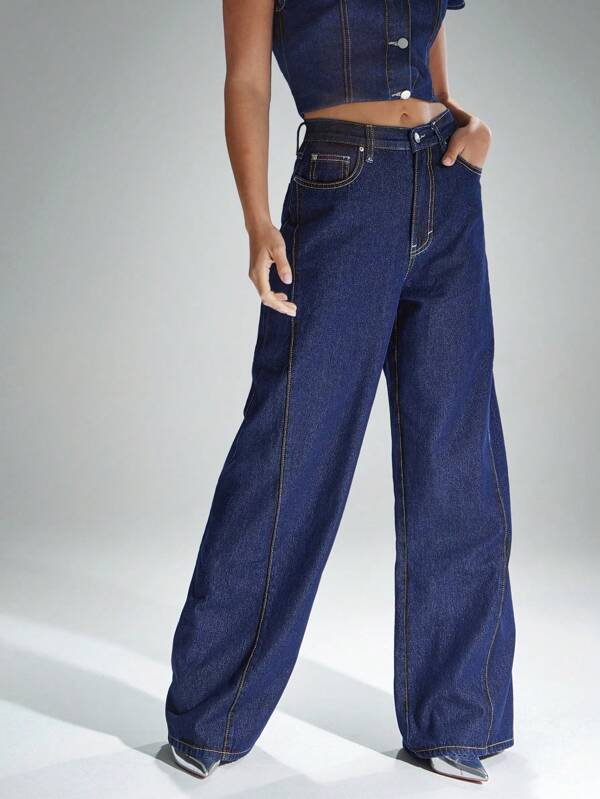 Denimoi Mid Rise Relaxed Fit Paneled Wide Leg Denim Jeans