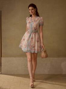 MOTF PREMIUM VESTIDO CON CINTURÓN DE CUELLO EN PICO CON ESTAMPADO FLORAL