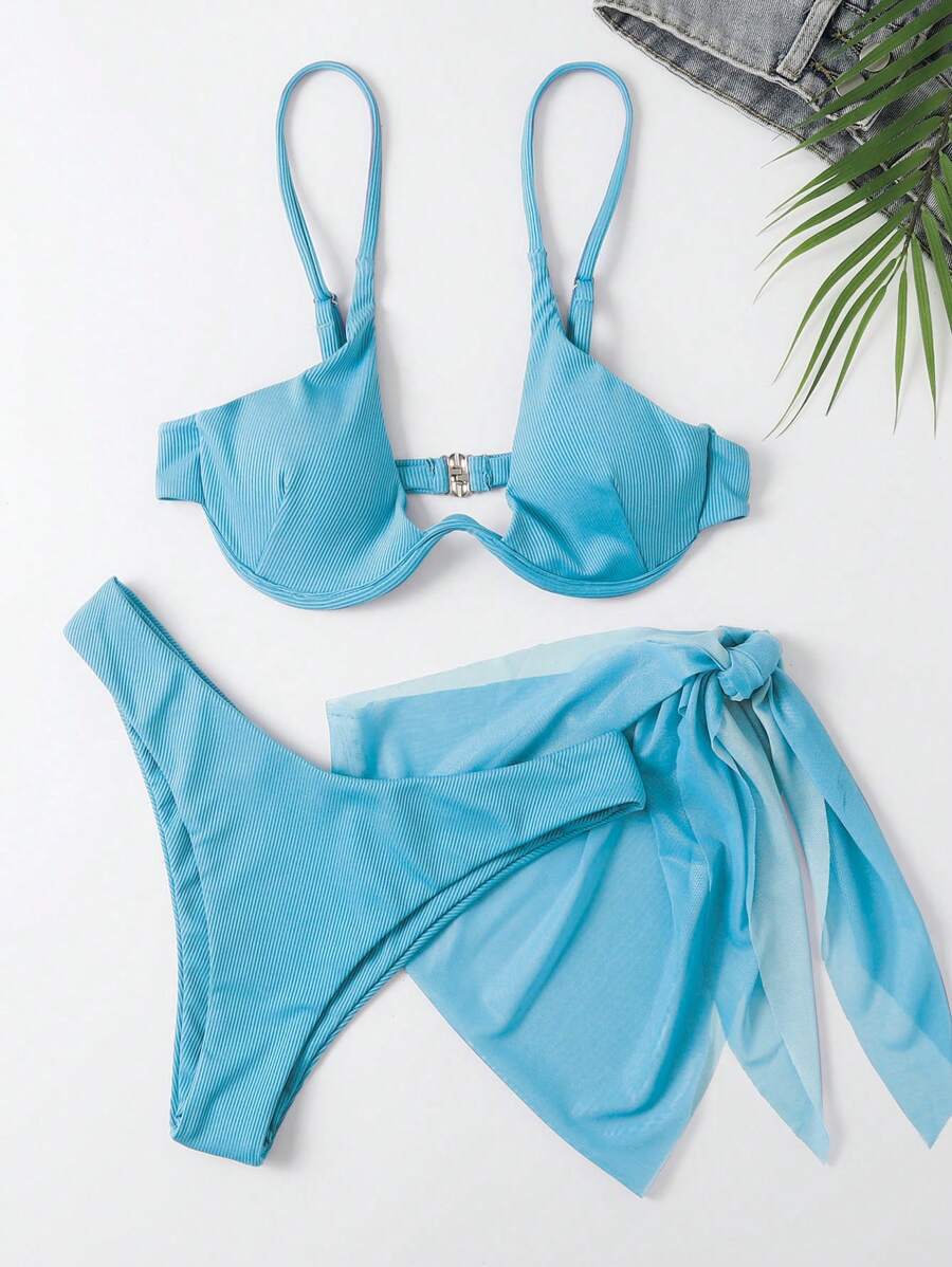 Swim Vcay 女款素色性感比基尼三件套,包含泳衣與罩衫裙,附鋼圈,夏季海灘適用 - 淺藍色 - 查看 1