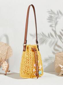 SHECARRY Bolso de hombro tejido con decoración de conchas para mujer, informal, de vacaciones - Amarillo - Ver 2
