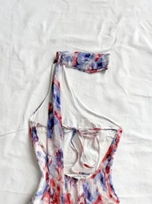 Soleia Vestido mini para vacaciones sexy con diseño asimétrico, cintura ceñida, estampado floral efecto tie-dye, espalda descubierta para mujer, estilo campestre romántico