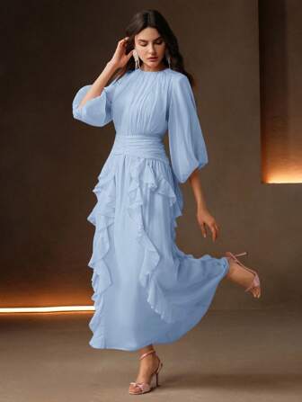 Anewsta 女士优雅宫廷风泡泡袖收腰宽松下摆连衣裙，蓝色