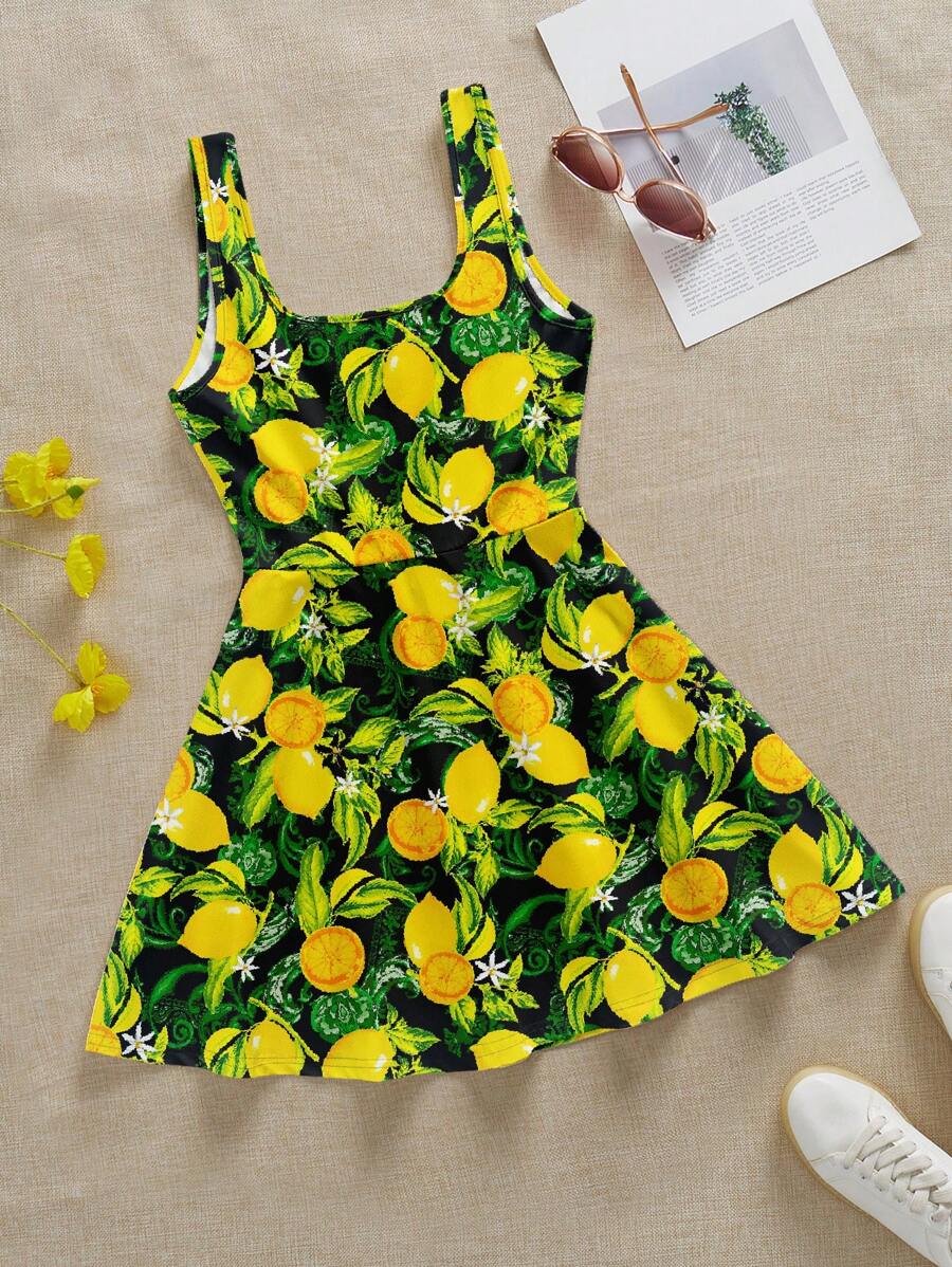 SHEIN EZwear 女士休闲简约假日柠檬印花图案迷你连衣裙,适合夏季、女孩旅行 - 黑色 - 查看 1
