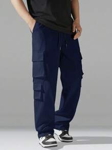 Manfinity Hypemode Pantalones casuales de hombre con estampado de letras y cordón en la cintura con bolsillos