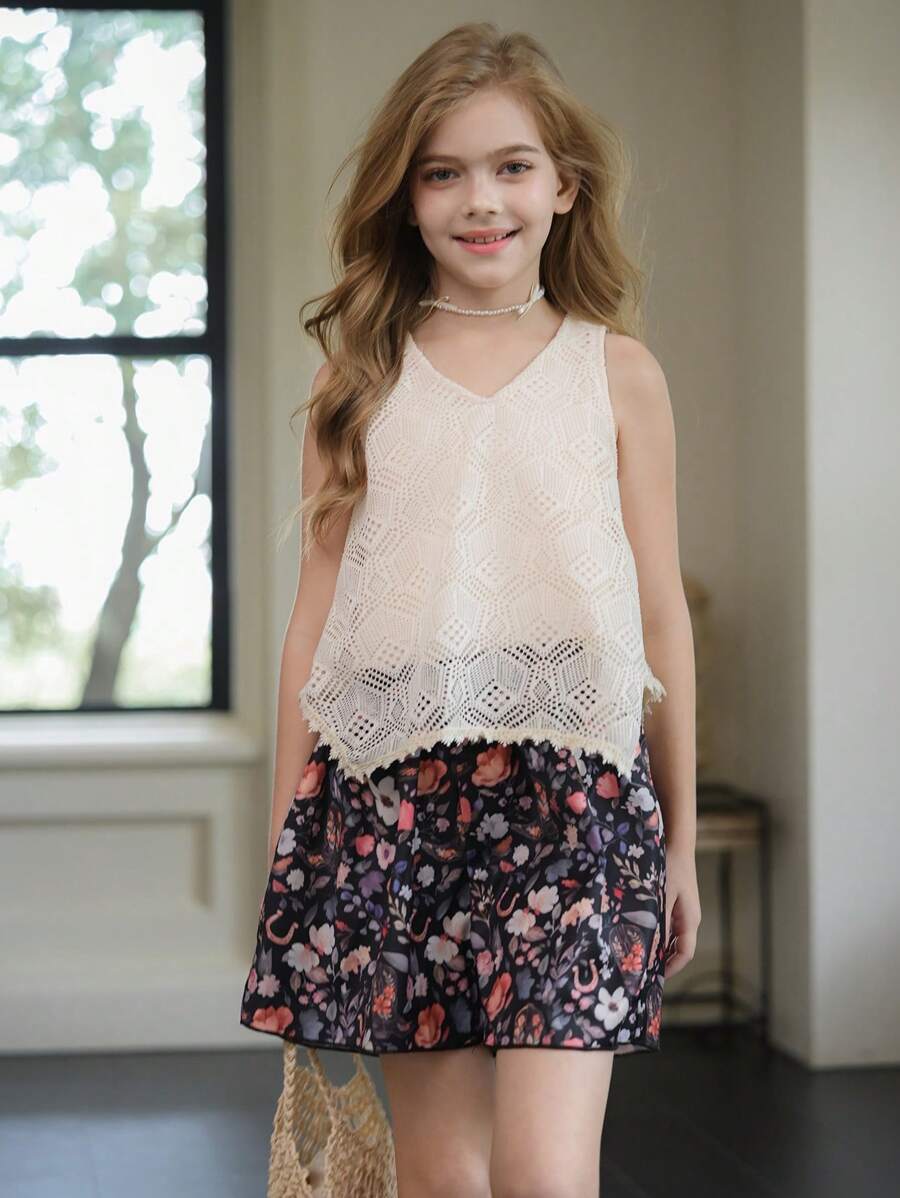 SHEIN Tween Girls 2 件套春装套装春夏新款,乡村风碎花裙短裤套装,搭配镂空纹理杏色上衣,经典游牧风格,适合夏季户外活动和度假 - 杏色 - 查看 1