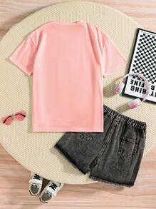 Conjunto informal de verano para adolescentes con camiseta de manga corta y shorts vaqueros - Multicolor - Ver 2