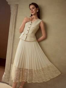 MOTF PREMIUM CONTRAST LACE PLEATED DRESS - Apricot - View 6