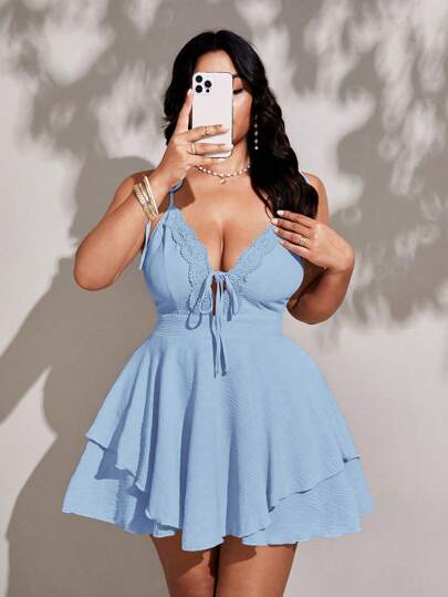 Viva Relle Plus Size Women's Fashion Elegant Spaghetti Strap Tie Front Ruffled Decor Jumpsuit, Versatile Short Romper, Spring/Summer New Arrival
