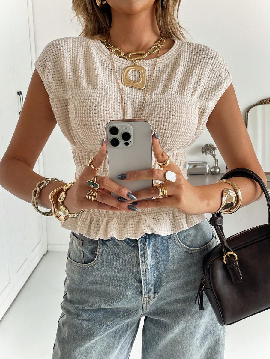 SHEIN Frenchy Áo thun cổ tròn tay ngắn trơn, giản dị & đa năng, mùa hè - Màu be - Xem 1