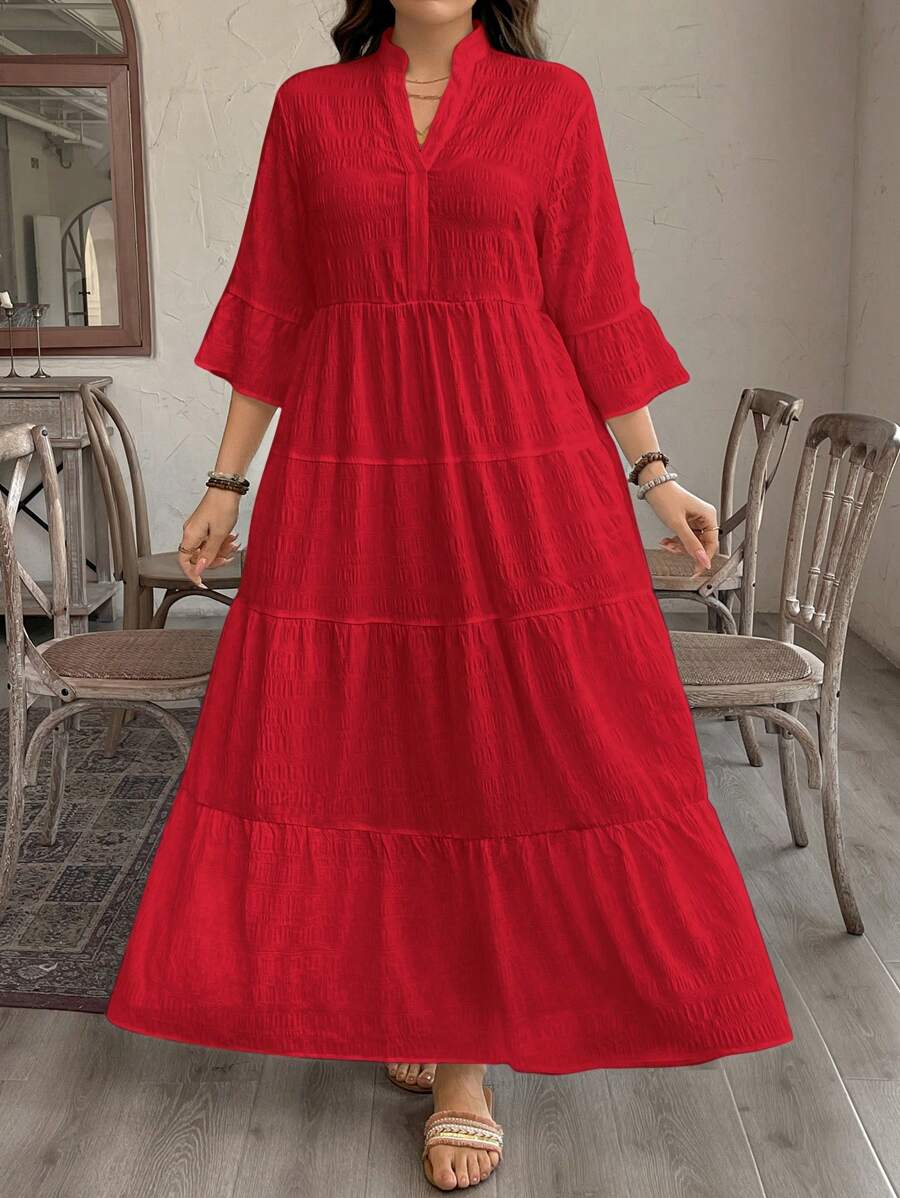 SHEIN LUNE 女式大码时尚度假纯色缺口领 3/4 袖连衣裙红色分层连衣裙女式休闲连衣裙褶饰连衣裙红色长裙分层长裙