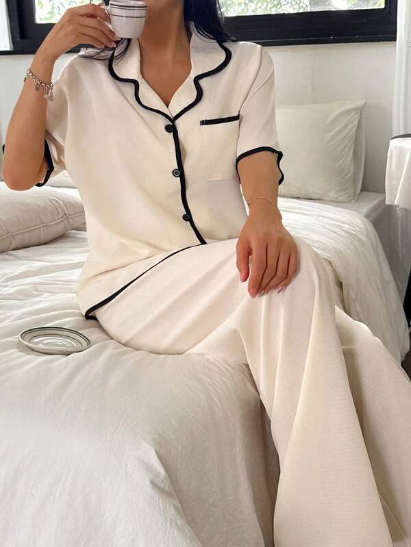 SHEIN Contrast Trim Collar Casual Loose Short Sleeve & Long Pants Pajama Set
