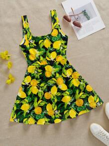 SHEIN EZwear 女士休闲简约假日柠檬印花图案迷你连衣裙，适合夏季、女孩旅行 - 黑色 - 查看 5