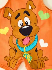 SCOOBY-DOO X SHEIN Set da 2 pezzi per bambino maschio: T-shirt a maniche corte con righe colorate e carine, e salopette con stampa di cartone animato arancione e giocosa