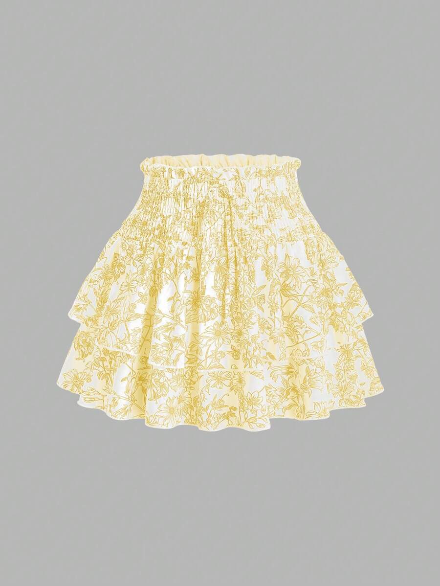 SHEIN Unity Women's Floral Print Ruffles Waist Gathered Hem Casual Skirt - Yellow - View 1