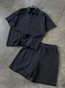 Manfinity Homme Ensemble chemise et short en dentelle de couleur unie pour homme, oversize, été