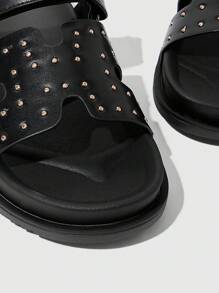 HighSole Sandalias planas abiertas de plataforma con remaches en forma de H, cierre de gancho y bucle, suela blanda antideslizante, versátiles, nuevas llegadas de moda para mujer, verano 2026 - Negro - Ver 7
