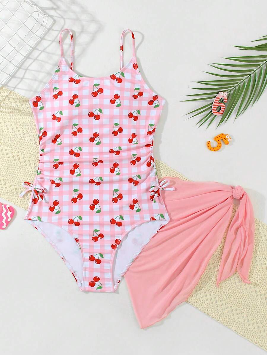 SHEIN Teen Girls Pink One-Piece Swimsuit,Cute Cherry Print Summer Beach Holiday Bathing Suits 1pc With Mesh Skirt For Teens Summer Vacation Beach Outfits - Pink - View 1