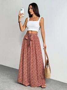 SHEIN PETITE Pantalones de pierna ancha para vacaciones con bolsillos y lazo frontal con estampado floral menudo para mujer