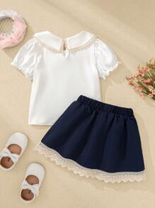 SHEIN 2pcs Baby Girls Summer New Peter Pan Collar Ruffle Puff Sleeve Cute Princess Style Blouse + Ruffle Skirt Set - Multicolor - View 8